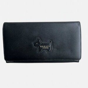 RADLEY LONDON GENUINE LEATHER DOG LOGO LARGE FLAP BIFOLD WALLET - BLACK